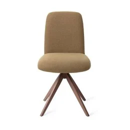 Upholstered dining chair with a swivel base and wooden legs in a warm brown finish. The chair features a neutral beige fabric that would complement a variety of dining room styles.