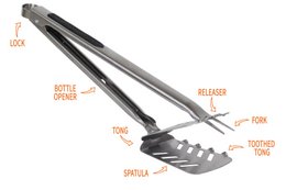 Stainless steel BBQ multitool with spatula, tongs, bottle opener, and serrated edge for grilling and barbecuing.