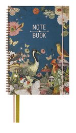 A spiral-bound notebook with a vibrant floral design featuring a variety of colorful flowers, leaves, and birds against a navy blue background. The notebook is labeled "NOTE BOOK" in a stylized font.
