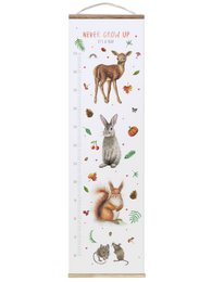 A textile poster featuring a growth chart with forest animals, including a deer, squirrel, and other woodland creatures. The poster has a whimsical, nature-inspired design with text that says "Never grow up, it's a trap".
