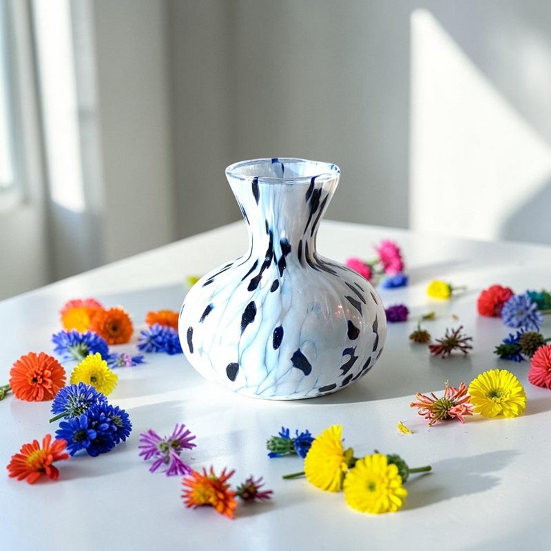 1 Vaso in Vetro Avventurina Blu Soffiato e Lavorato a Mano con Murrine di Murano, linea “I Colori di Murano” Made in Italy h. 9,5 cm.