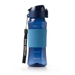 Sky blue sustainable drinking bottle with flip-top lid and carrying strap. Durable plastic construction suitable for travel and outdoor activities.