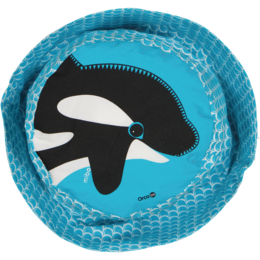 A blue sun hat with a graphic orca whale design, suitable for children aged 2-6 years old. The hat is made of a lightweight, breathable material and features an adjustable size range.