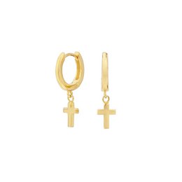 Gold plated cross earrings with a hanging cross charm. The earrings feature a hoop design and a small cross pendant.