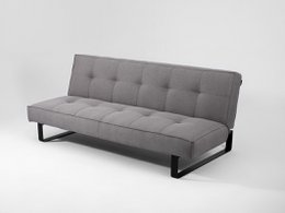  Sleek, modern folding sofa with gray upholstery and wooden legs.
