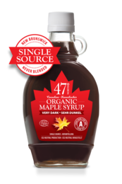 Dark, rich organic maple syrup from Canada, Grade A, in a 250g bottle.
