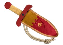  A wooden toy dagger with a red handle and a red pouch with a snowflake design.