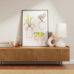  Colorful floral art print featuring vases with flowers and mushrooms. Minimalist, modern design suitable for home decor.