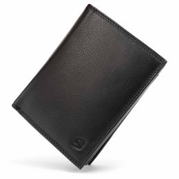 Black leather wallet with multiple compartments and a zipper pocket, suitable for storing cash, cards, and other small items.