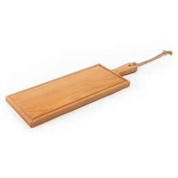 Rectangular wooden cutting board with handle, made of natural wood, suitable for food preparation and serving.