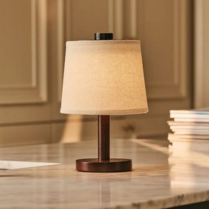Rover Dark Brown Wooden Rechargeable Lamp | Cordless, Dimmable & Linen Blend
