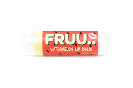 Watermelon-flavored lip balm in a red and white tube.