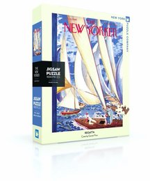 Colorful jigsaw puzzle depicting a regatta scene with sailboats on the water, as featured on the cover of The New Yorker magazine. The puzzle contains 1000 pieces and is designed by the New York Puzzle Company.