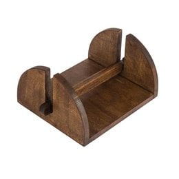 Wooden napkin holder with a deluxe design, featuring a curved shape and a natural wood finish.