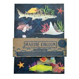 "A5 notebook with a marine-themed design featuring various sea creatures and plants against a dark background."