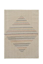  Cream-colored area rug with geometric pattern of intersecting lines and triangles.
