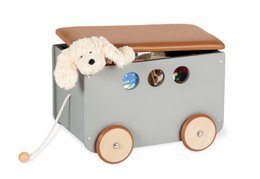 Grey toy chest on wheels with wooden top and plush toy. Suitable for storing children's toys and games.