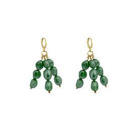  Dark green freshwater pearl drop earrings with a cluster of green gemstones.