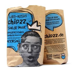 Chipzz Sal de Mar potato chips, a savory snack with a sea salt flavor, packaged in a paper bag with a quirky graphic design.