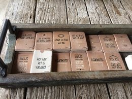 Vintage wood tray with stone magnets, available in three sizes: small (48 magnets), medium (96 magnets), and large (144 magnets). The tray features a rustic, natural wood design with handwritten labels on the stone magnets.