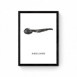  Ameland Island Map Plan Poster - A minimalist poster featuring a simple illustration of the island of Ameland, suitable for home or office decor.