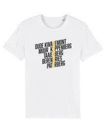  White short sleeve cycling t-shirt with black text print, classic crew neck style, men's casual wear.