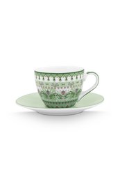  Light green espresso cup and saucer with floral and geometric patterns.