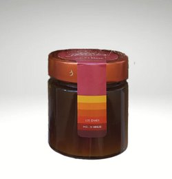  Dark amber glass jar, burgundy label, heather honey, 300gr, golden rim, premium packaging
