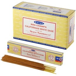 White sage incense sticks with Nag Champa fragrance, packaged in a yellow box.