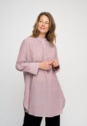Burgundy ecru striped tunic dress, long sleeves, relaxed fit, women's casual wear.