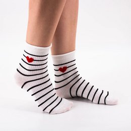  Striped socks with red hearts, available in multiple colors and sizes.