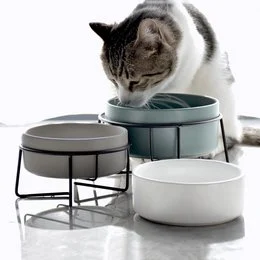 Ceramic pet bowls with stand in various colors including black, blue, green, and gray. The bowls come in different sizes for cats and dogs, with single and double bowl options.