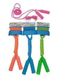 Colorful 2-in-1 skipping rope and rubber twist playset, suitable for children ages 3 and up. Available in assorted colors including blue, green, and orange.