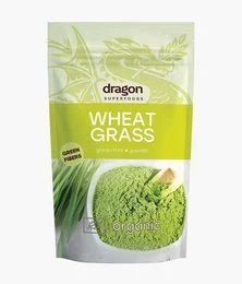 Organic wheat grass powder, 150g, from Dragon Superfoods. Green, powdered superfood supplement.