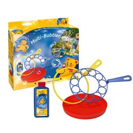 A multi-bubble toy with a red base, blue and yellow accents, and a bubble wand. The product is designed for educational purposes and includes various bubble-making features.