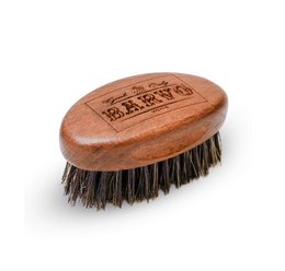 Oval-shaped wooden beard brush with boar bristles, designed for grooming and styling facial hair. Features a textured surface and "Barvo" branding.