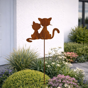 Romantic cat couple garden stake made of patina