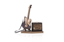 Black electric guitar DIY craft kit with amplifier, wooden construction, music instrument building set.