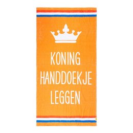 Large orange beach towel with white crown and text "KONING HANDDOEKJE LEGGEN" in Dutch, meaning "King towel to lay down".