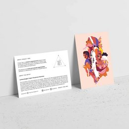 Set of 3 colorful friendship postcards with abstract floral and human illustrations.
