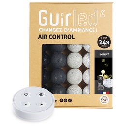 Remote controlled cotton ball string lights with 24 or 32 balls, available in black and white colors. Provides ambient lighting and air control.