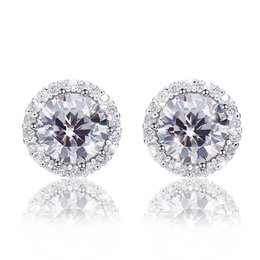 Classic round stud earrings with a sparkling diamond-like center stone surrounded by a halo of smaller stones for a glamorous look.
