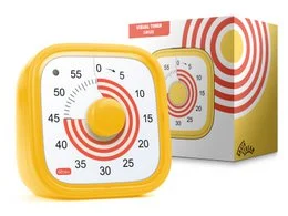 A green and white visual timer/clock with a truck design, suitable for kids. The timer has a round shape with a large green dial and numbers indicating the time.