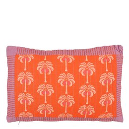  Rectangular cushion with palm tree pattern in orange and pink colors. Soft, plush material suitable for indoor or outdoor use.