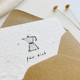  Plantable greeting card with espresso maker illustration, "for you" text, kraft envelope, A7 size