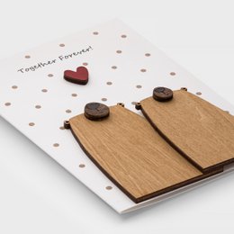  "3D wooden anniversary card with red heart, together forever love message, wooden texture details"