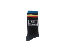 Black socks with colorful stripes and "FUCK MONDAYS" text printed on the side.