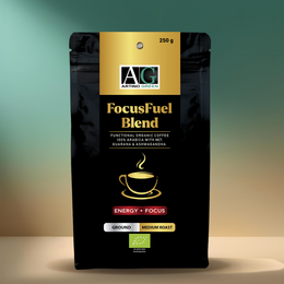 Organic functional coffee blend with focus-enhancing properties. Contains a mix of coffee beans, herbs, and spices to support energy levels, productivity, and stress management.