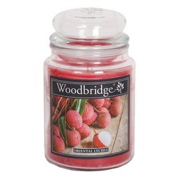 Large, round, red scented candle in a glass jar with a white lid. The candle has a lychee fragrance.