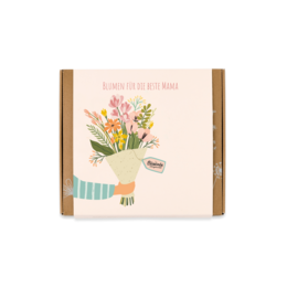  A medium-sized gift box containing 9 seed bombs, perfect for the best mom. The box features a colorful bouquet of flowers in a vase, with the text "Sending you all the love, mom!" printed on it.